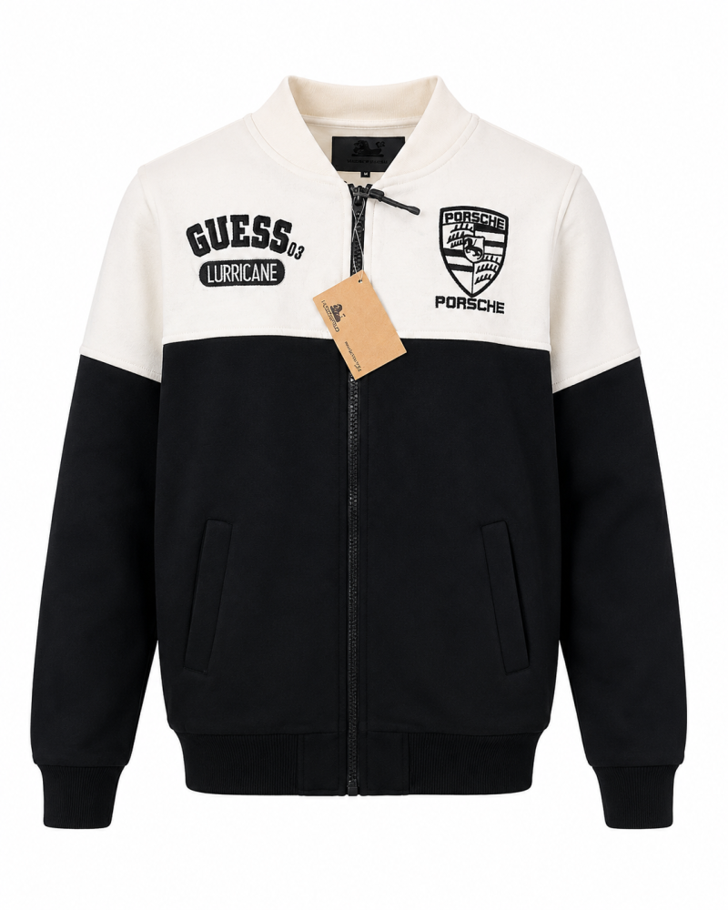 جاكيت رجالي أسود وكريمي بسحاب أمامي - Guess x Porsche