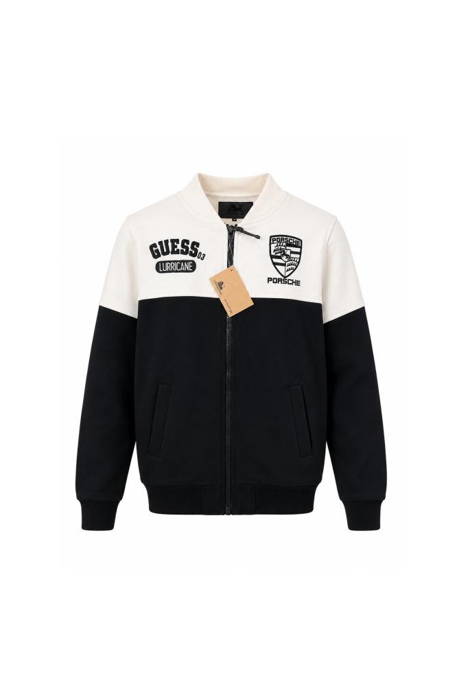 جاكيت رجالي أسود وكريمي بسحاب أمامي - Guess x Porsche
