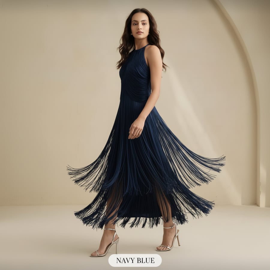 Elegant multi-layered dress decorated with long fringes and sleeveless