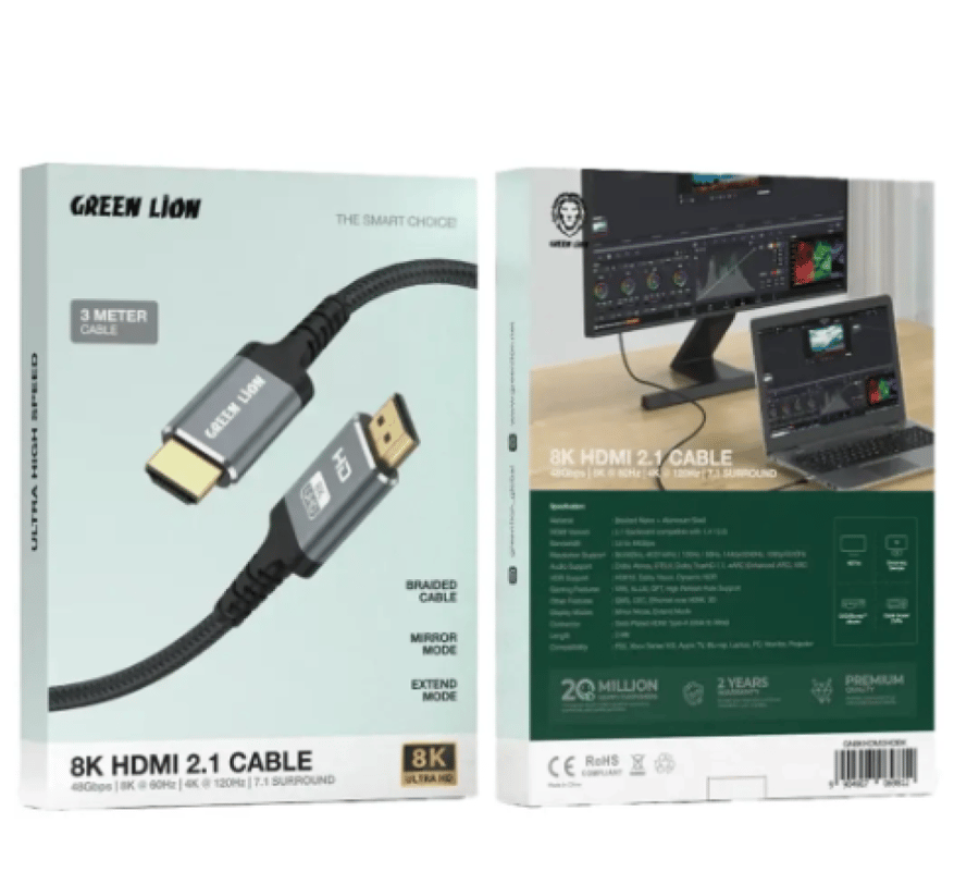 كابل HDMI إلى HDMI بدقة 8K من Green Lion مع نطاق ترددي 48 جيجابت في الثانية وطول 3 أمتار - أسود