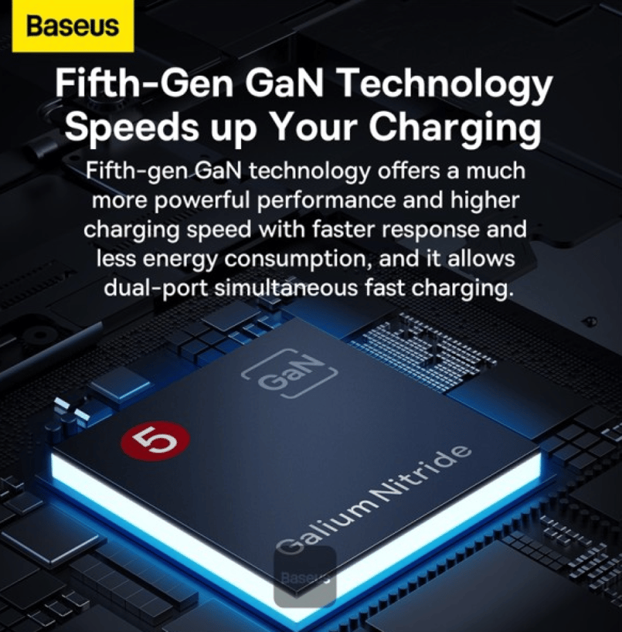 شاحن Baseus GaN5 Pro فائق النحافة وسريع C+U 65 وات بمقبس محول المملكة المتحدة/الاتحاد الأوروبي/الولايات المتحدة مع كابل USB C 100 وات - رمادي