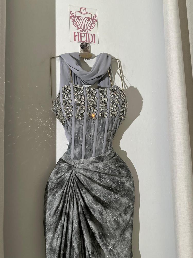 Gray spray evening dress gray with crystal corset and shiny draped skirt