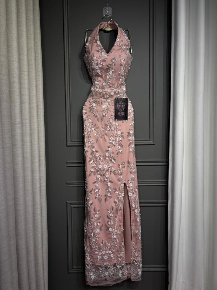 Nawal evening dress pink embroidered with lace with halter neckline and side slit | occasion dresses