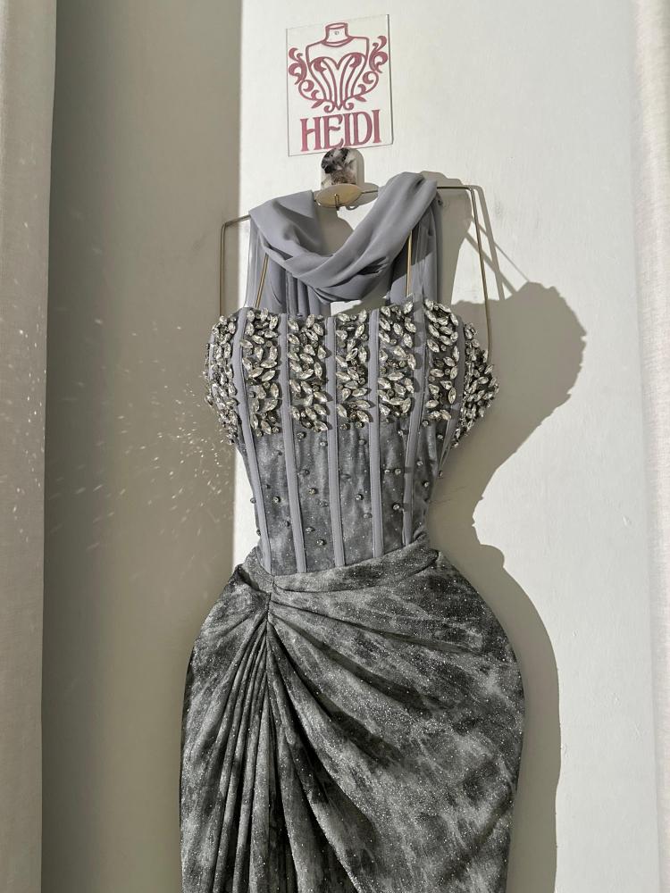 Gray spray evening dress gray with crystal corset and shiny draped skirt