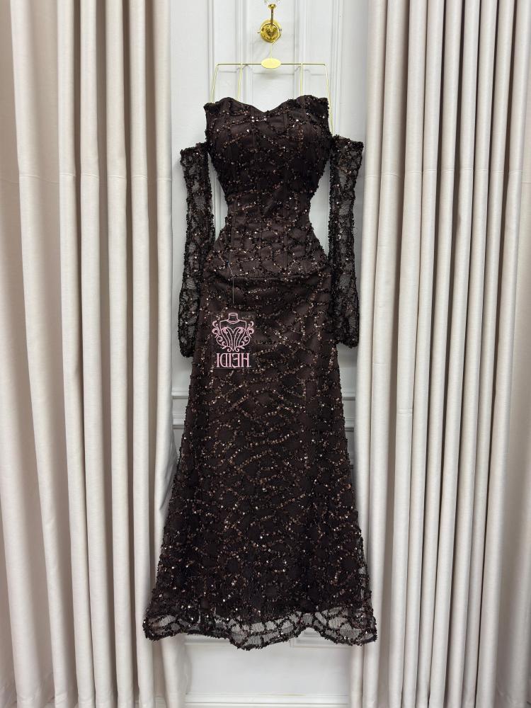 Zoya evening dress brown embroidered with corset and off-shoulder sleeves