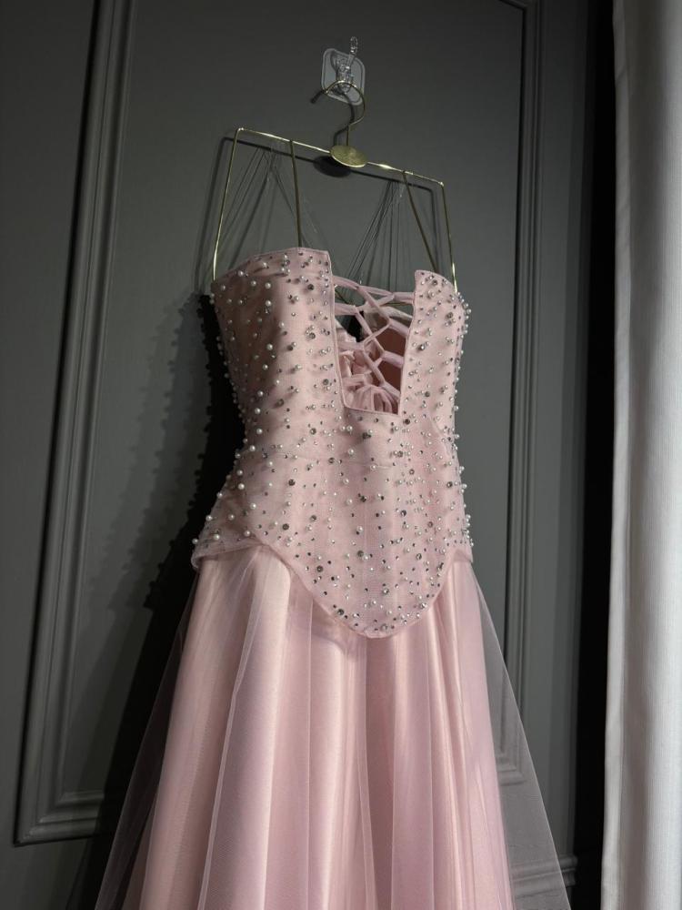 Loreen evening dress pink corset encrusted with pearls and crystals