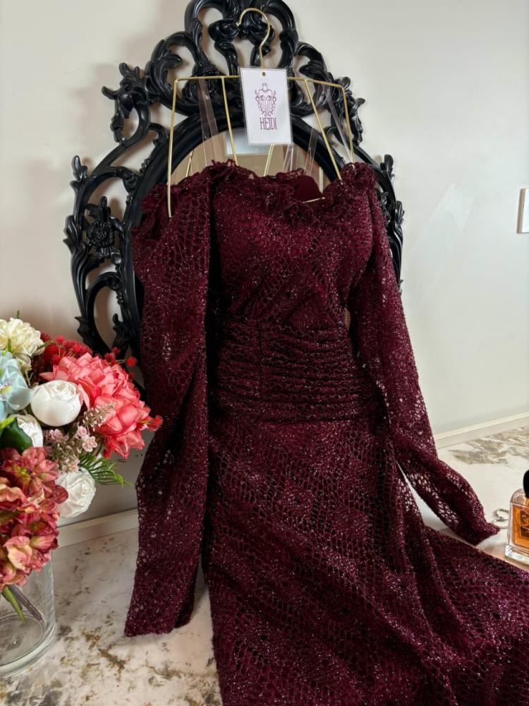Shiny lace evening dress burgundy with off-shoulder