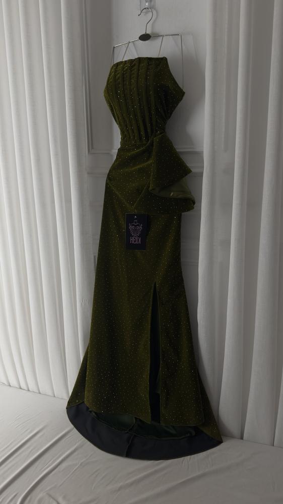 Bashayer evening gown velvet olive shiny corset | luxurious drape design