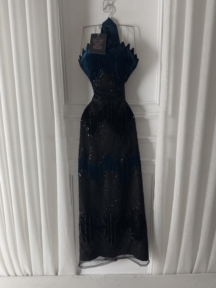 Blue petrol evening dress embroidered with black beads | HEIDI Fashion House