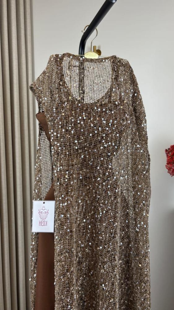 Bronze sequin evening dress with long cape - Elegant dresses | Haidi