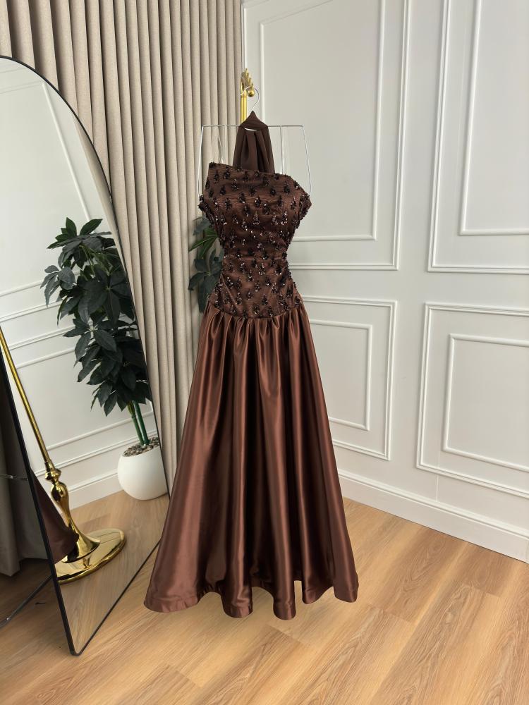 Shujun evening dress brown satin embroidered with halter neckline
