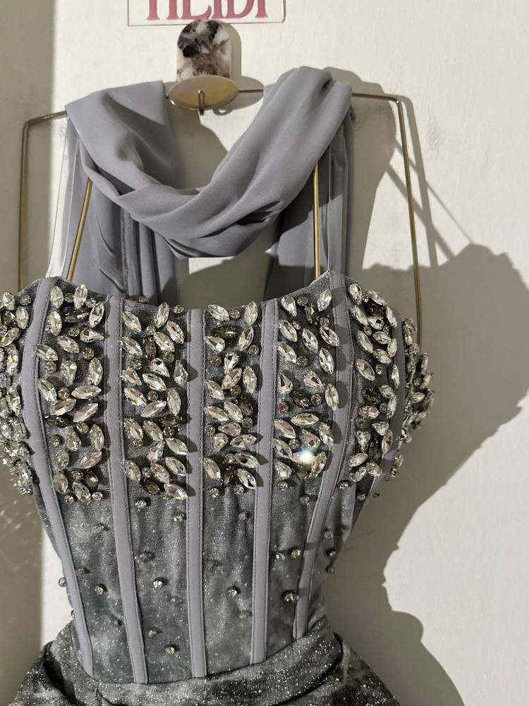 Gray spray evening dress gray with crystal corset and shiny draped skirt