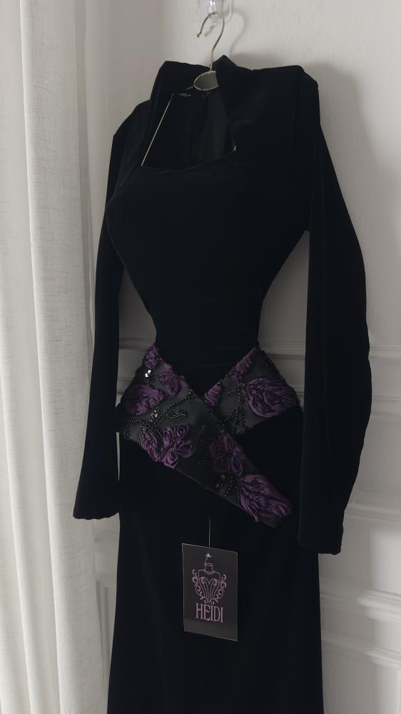 Carmen long black velvet evening dress with sleeves and embroidered belt | Modest luxurious look