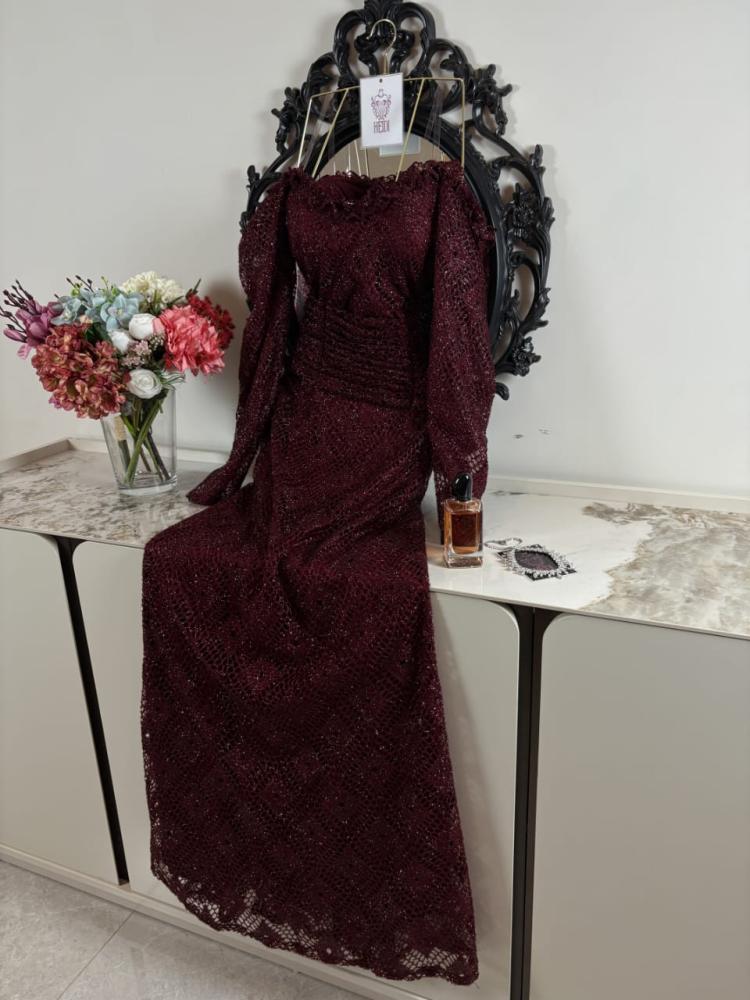 Shiny lace evening dress burgundy with off-shoulder