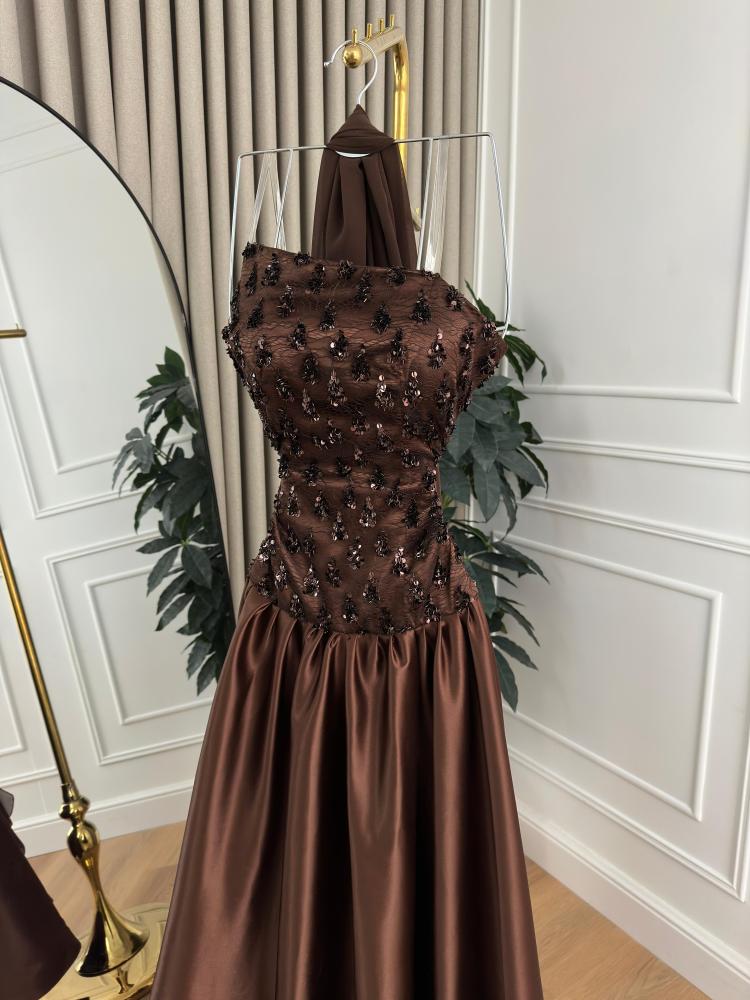 Shujun evening dress brown satin embroidered with halter neckline