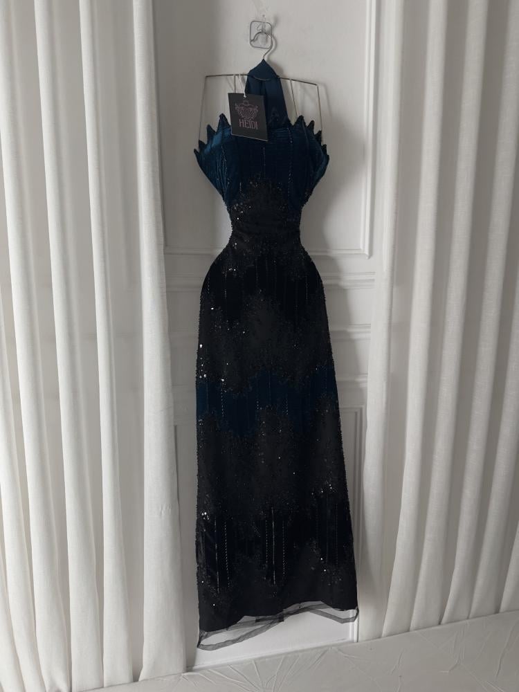 Blue petrol evening dress embroidered with black beads | HEIDI Fashion House