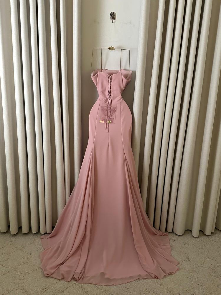 Larouzi evening dress, flesh-colored, geometric corset embroidered with beads