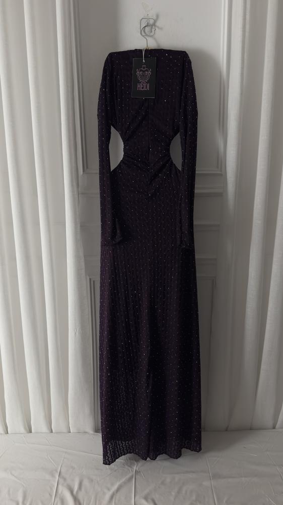 Long purple evening dress with long sleeves and V-neck | HEIDI Fashion House