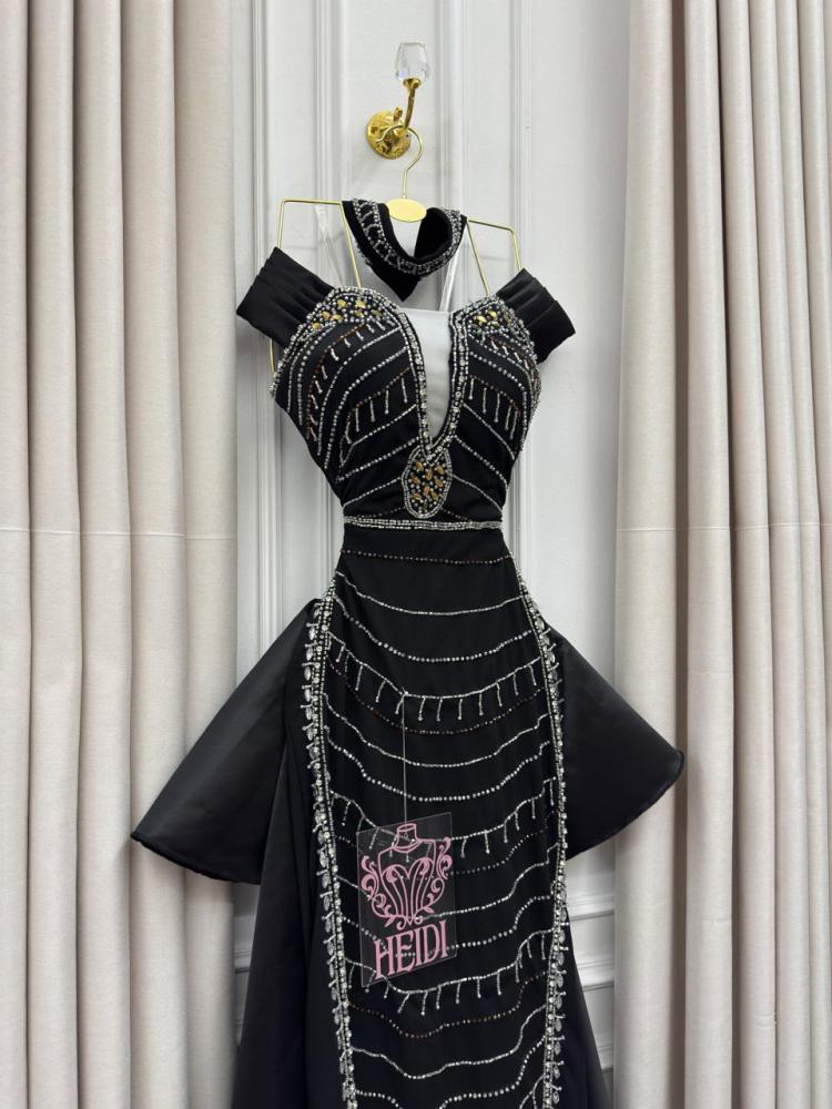 Lumi evening dress black off shoulder with crystal geometric embroidery with additional skirt