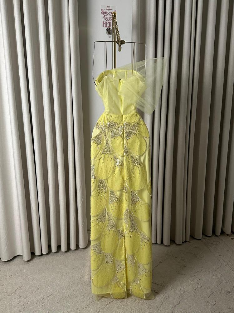 Zahra yellow evening dress one-shoulder tulle and embroidered corset with sparkling decorations