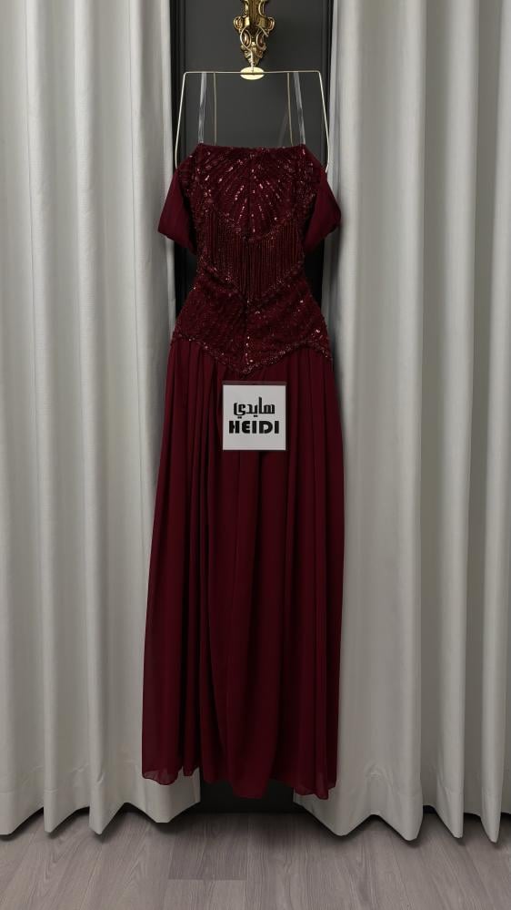 Garnet evening dress, maroon, embroidered with sequins, with a tulle skirt