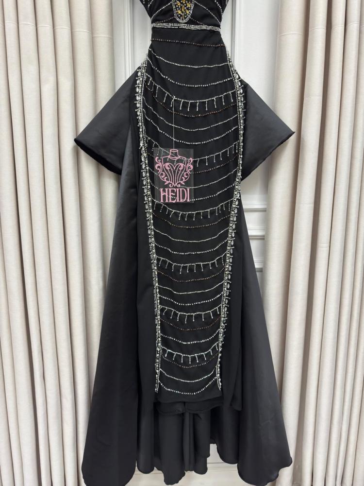 Lumi evening dress black off shoulder with crystal geometric embroidery with additional skirt
