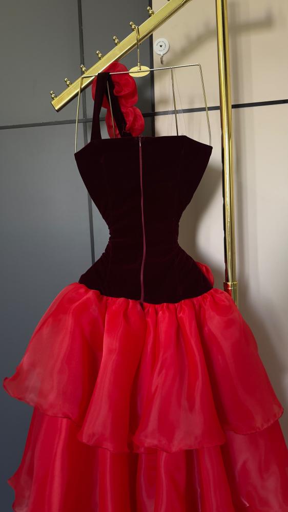 فستان سهرة أنيق بكتف واحد مع تنورة كشكش باللون العنابي والأحمر (Burgundy & Red Layered Dress)