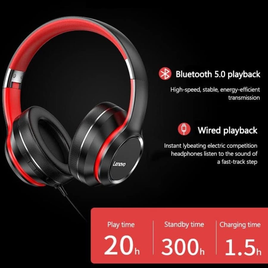 سماعات للرأس بلوتوث مع ميكروفون من لينوفو HD200 - اسود، فوق الاذن، HD200_BK
