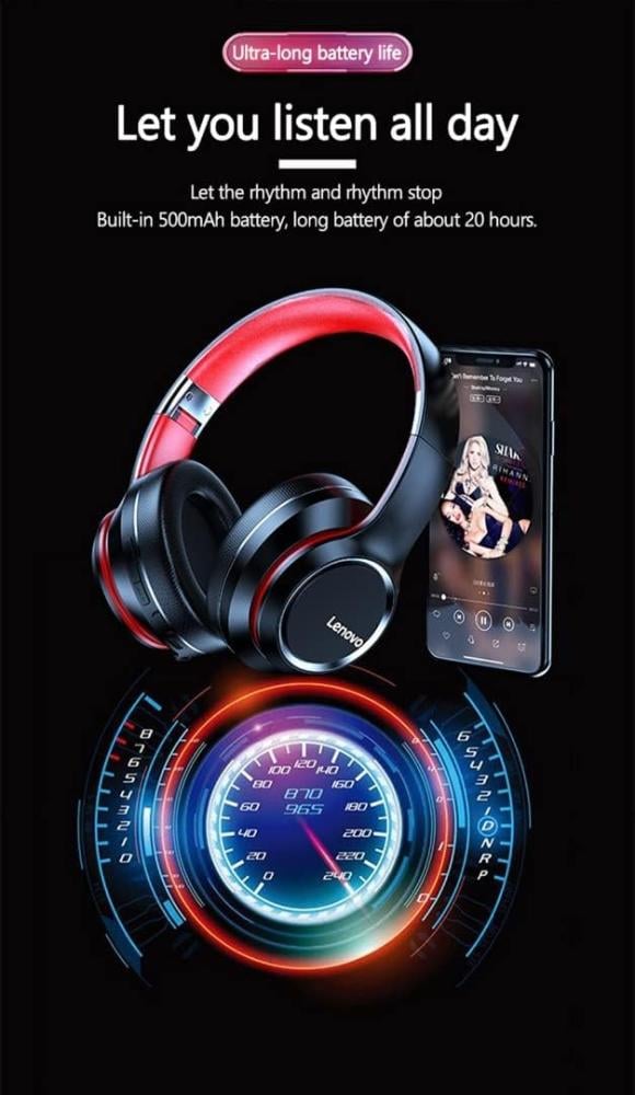 سماعات للرأس بلوتوث مع ميكروفون من لينوفو HD200 - اسود، فوق الاذن، HD200_BK