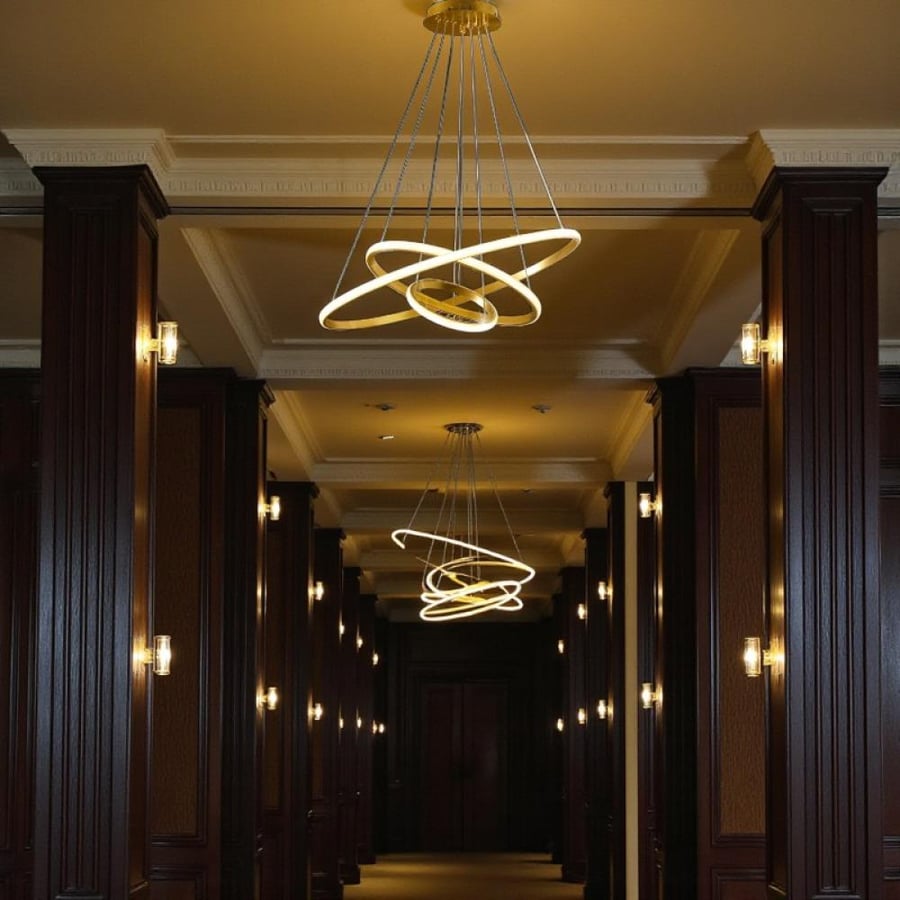 Modern chandelier with 3 interlinked golden rings – remote and mobile control – GS GXT-318-3-APP-GD