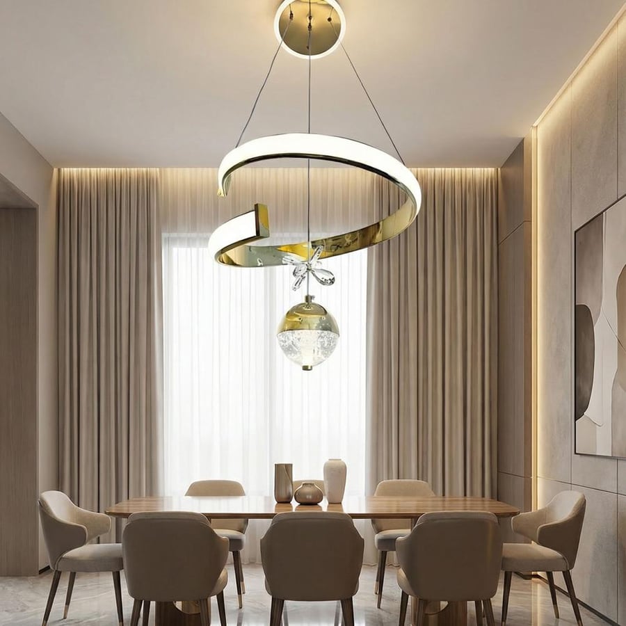 Floria chandelier – Gold spiral design with hanging crystal and LED lighting-D-0193-GD
