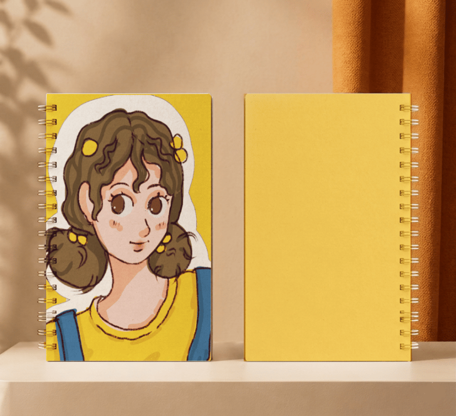 Design of a smiling girl with yellow flowers, spiral notebook, A5, 60 pages