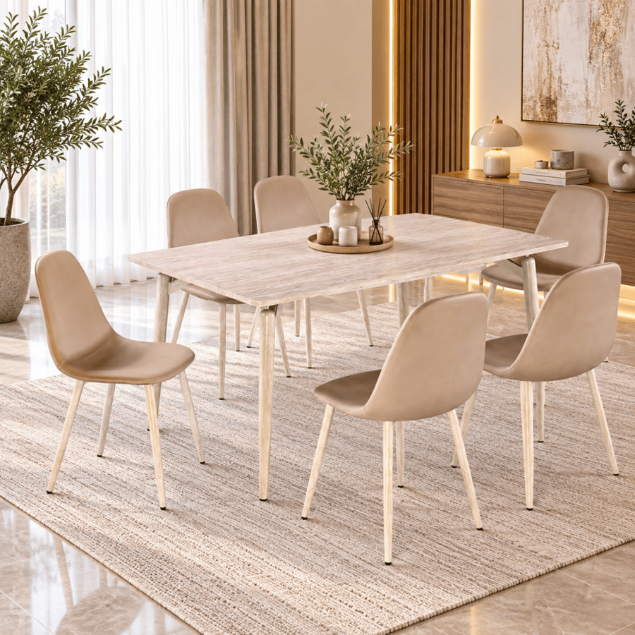 طقم طاولة طعام أريسا 6 كراسي 150 × 90 × 75 سم من الخشب والمعدن باللون بيج – طقم سفرة مودرن للعائلة والاستخدام اليومي وغرف الطعام المتوسطة