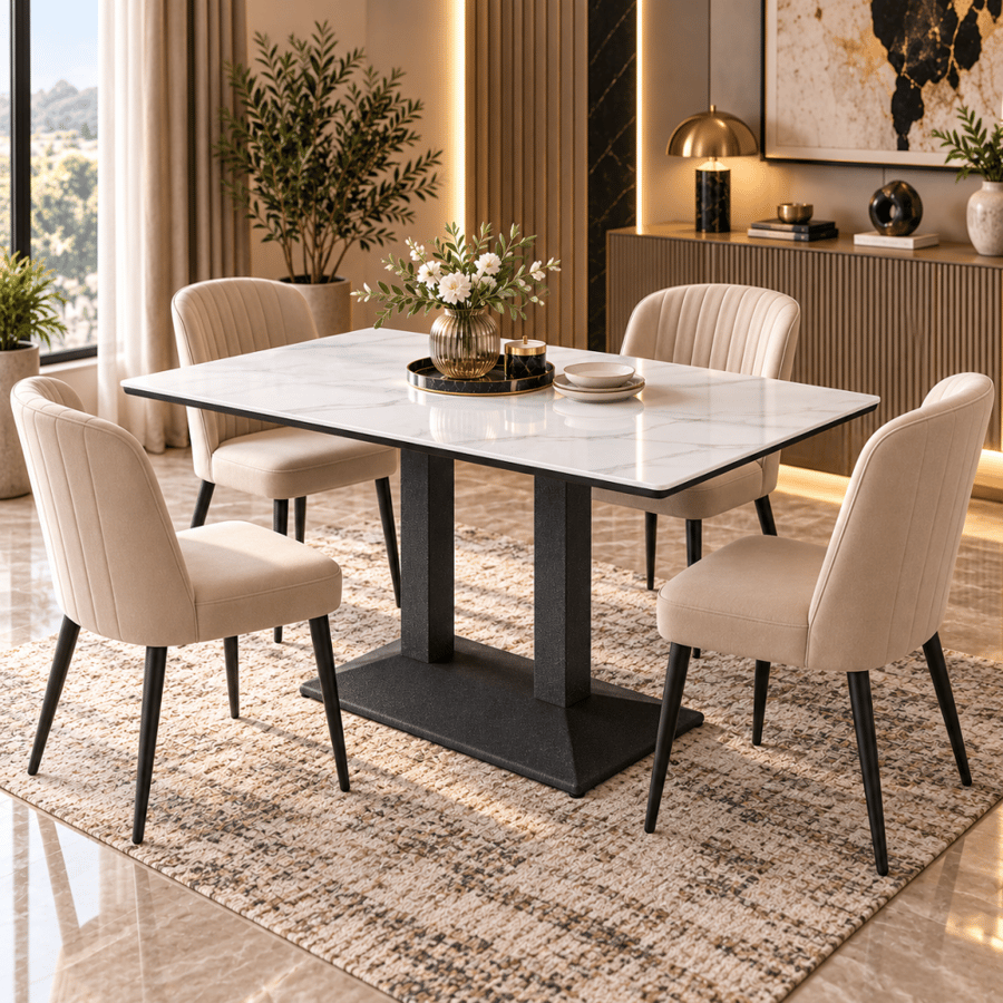 طاولة طعام إيلارا مستطيلة 130 × 70 × 75 سم بسطح سيراميك وهيكل معدني باللون أبيض – طاولة سفرة مودرن أنيقة لغرف الطعام والمطابخ والضيافة