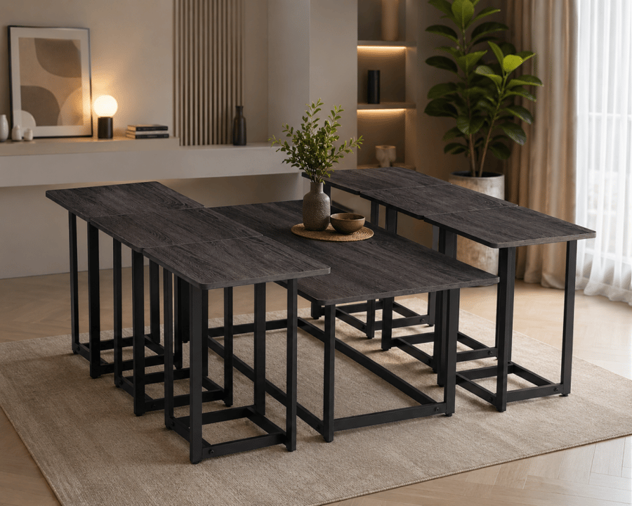 طقم شاي خشب مستطيل 1 6 DARK 120 × 60 × 45 سم لون DARK رمادي طاولة رئيسية + 6 طاولات جانبية متداخلة. بخامة خشب – طاولات ضيافة مودرن للمجالس وغرف المعيشة