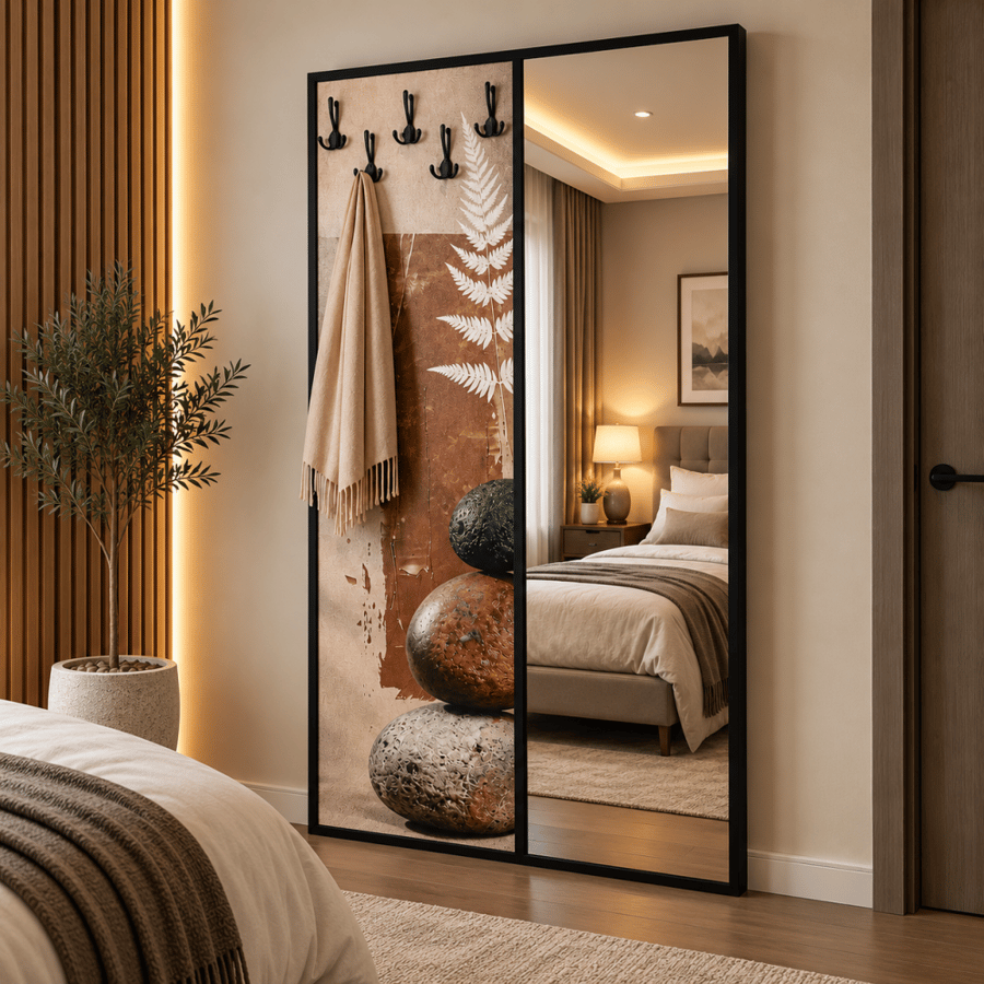لوحة جدارية ألوان 180×100 سم مع مرآة وعلاقة ملابس – كانفاس متعدد الألوان بإطار MDF للمدخل وغرف النوم