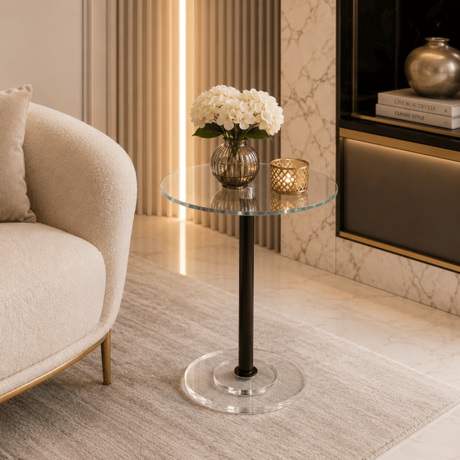 طاولة دائرية بتصميم هندسي بسطح زجاج – أسود