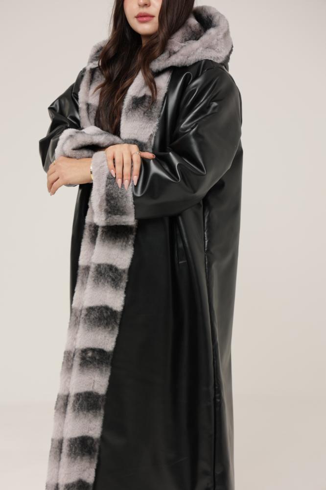 Women's fur, fabric, shiny leather, with artificial rabbit fur inside