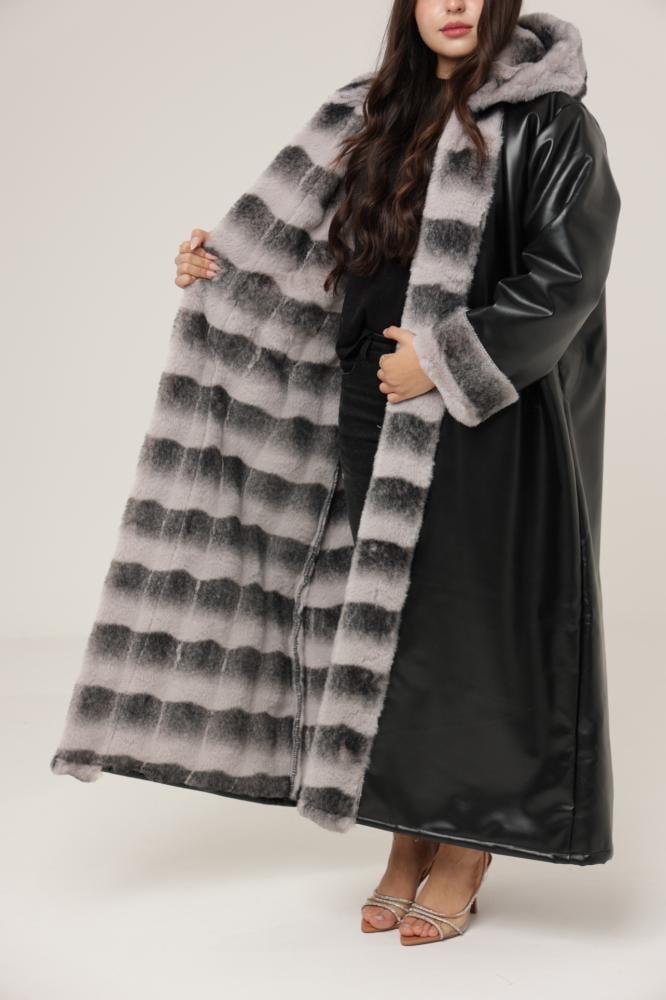 Women's fur, fabric, shiny leather, with artificial rabbit fur inside