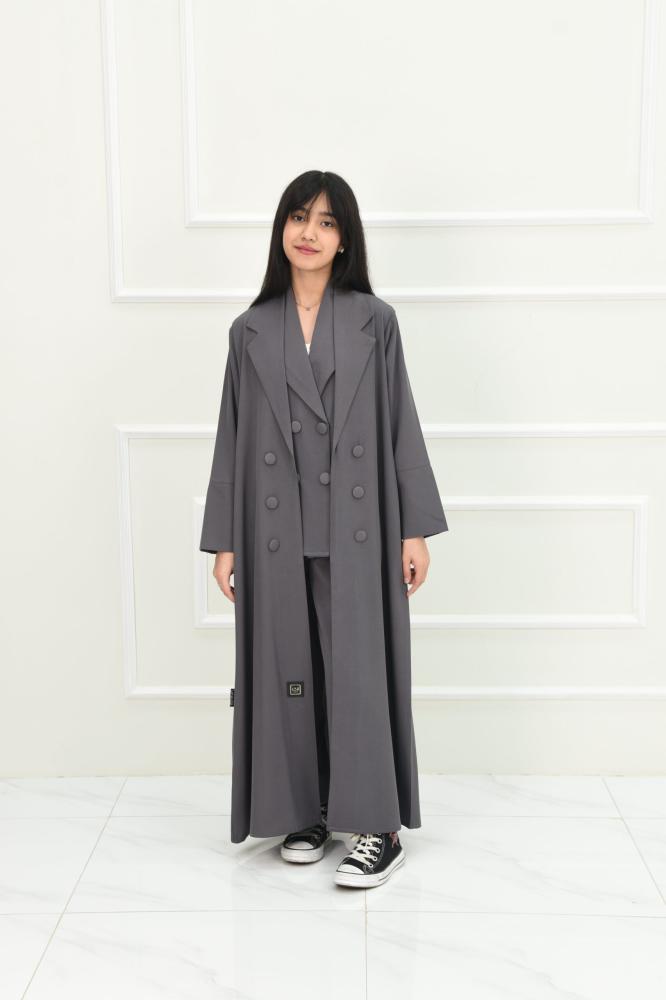 Girls' casual abaya, 4 pieces, in gray color