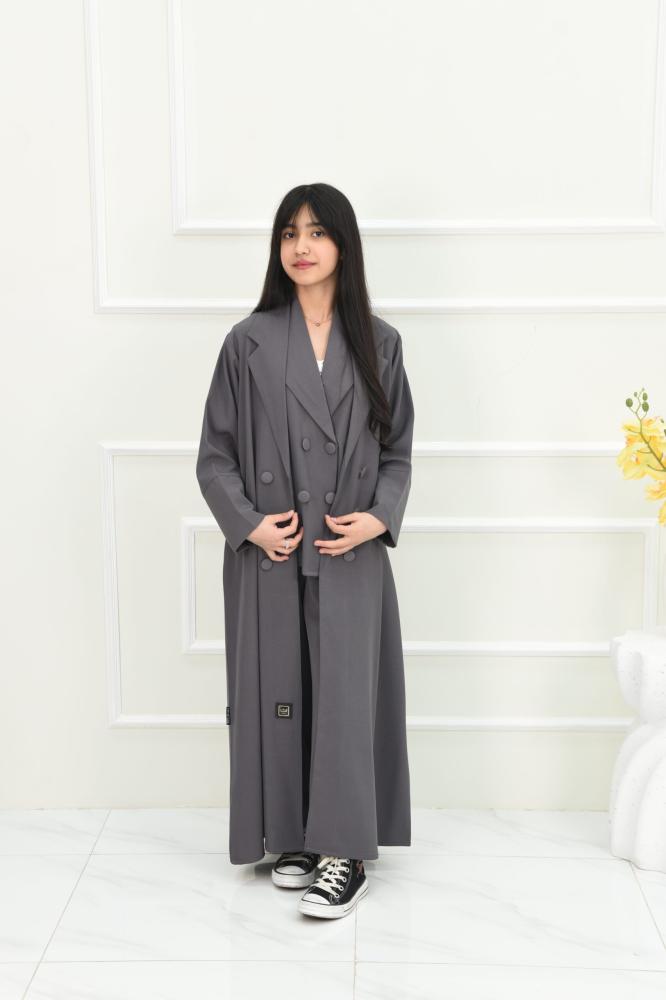 Girls' casual abaya, 4 pieces, in gray color