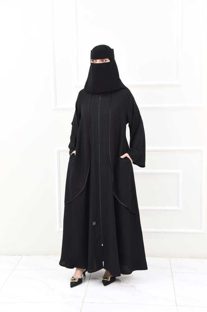 عباية سادة نصف كلوش بسحاب وجيوب مخفية مع تفاصيل ستان