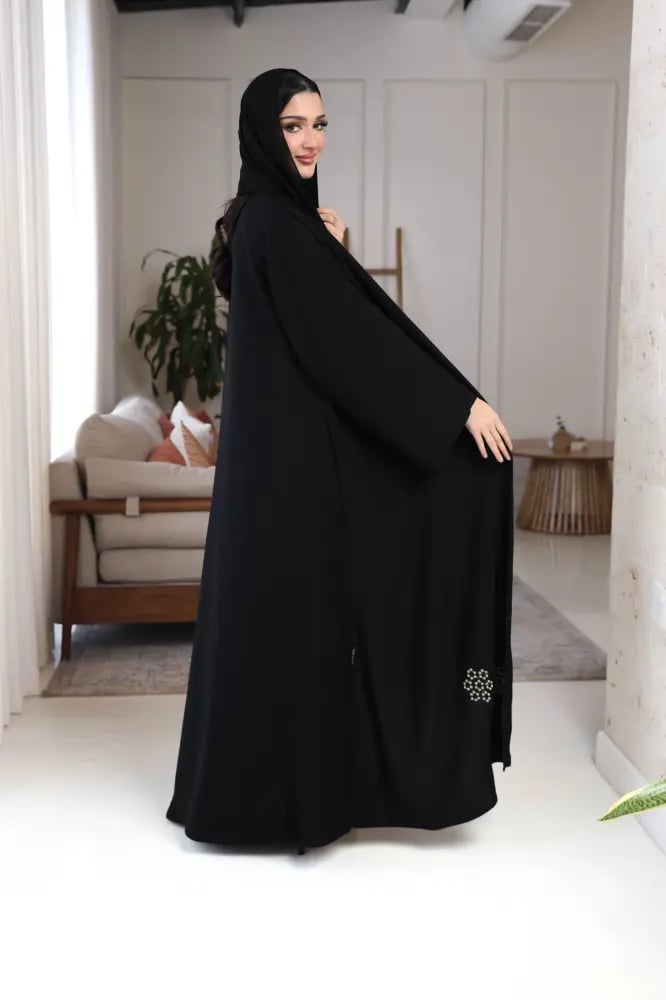 Black abaya half kimono with beige and black embroidery