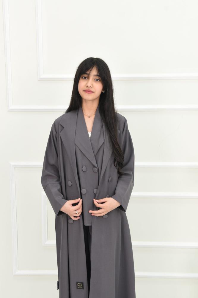 Girls' casual abaya, 4 pieces, in gray color