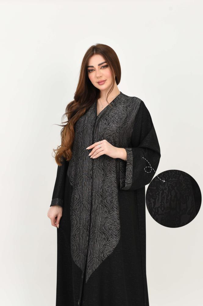 Black jacquard abaya with dense patterns and gray details