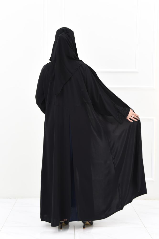 Black abaya with black embroidery and a navy slit at the back