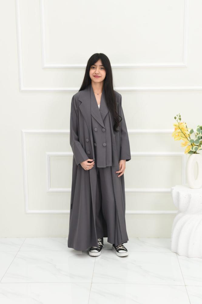 Girls' casual abaya, 4 pieces, in gray color