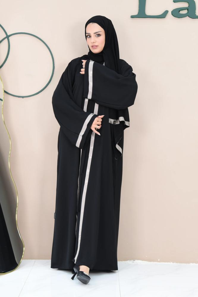 عباية كاجوال سوداء حرير يابانيمع باندة بيج