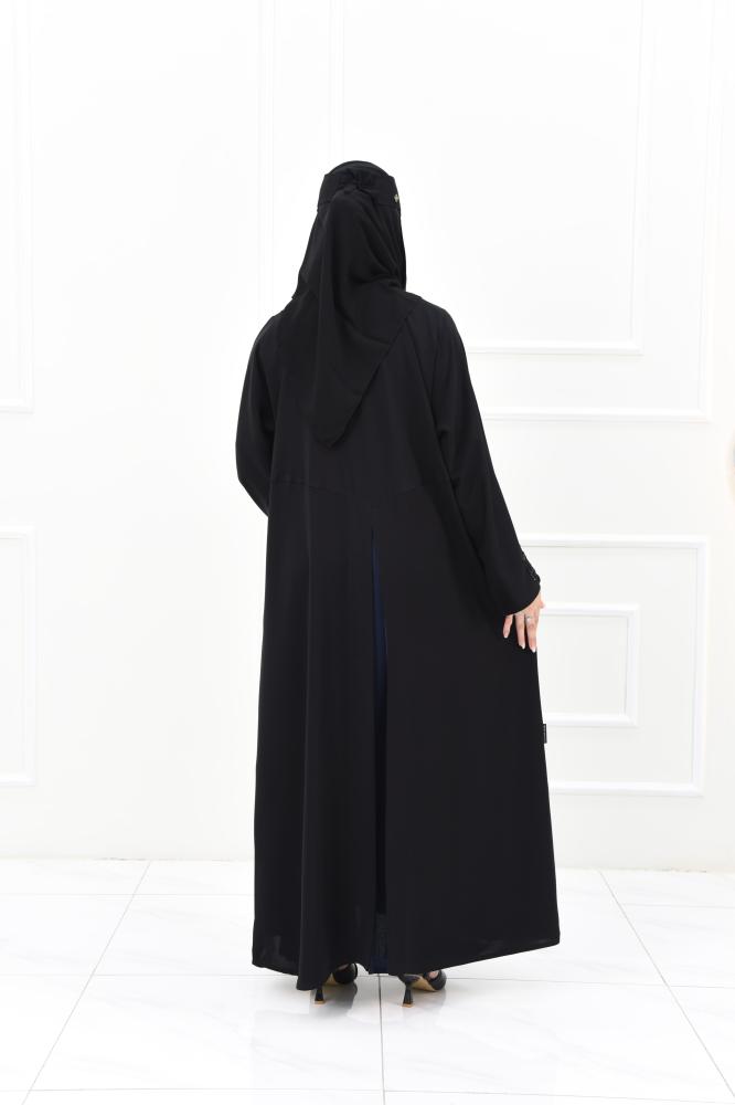 Black abaya with black embroidery and a navy slit at the back