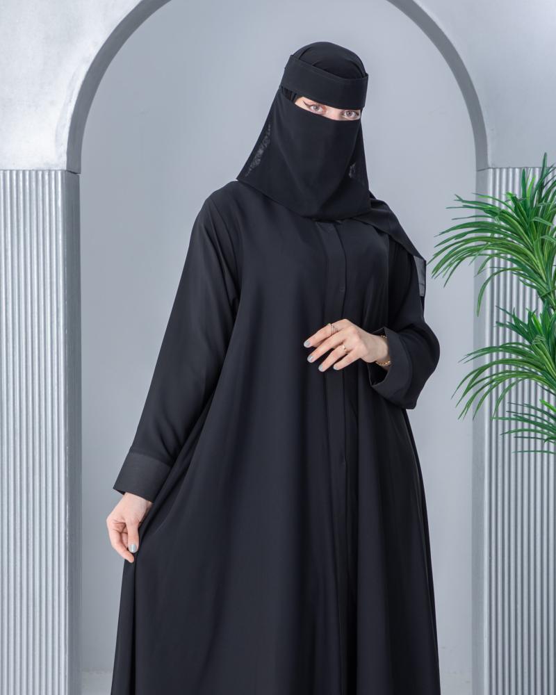 Black flared abaya with distinctive sleeves and collar
